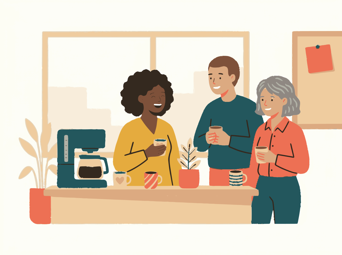 Scène 3 : la nouvelle employée rit avec deux collègues autour de la machine à café